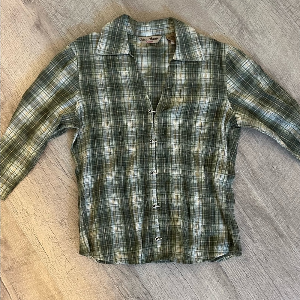 Quizz Again plaid 3/4 sleeve green shirt y2k